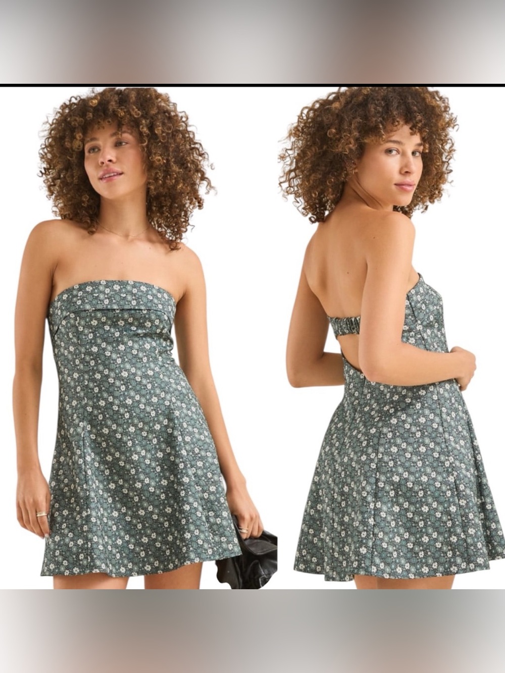 Altar'd State Green Floral Strapless Fit-and-Flare Dress (XL)
